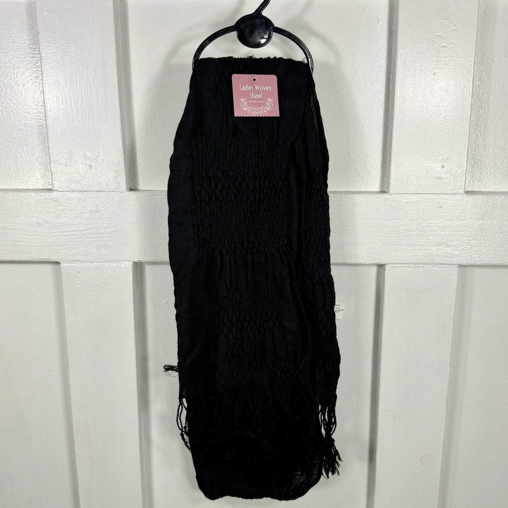 Woven Black Shawl Scarf Crinkle‎ Texture Fringe One Size